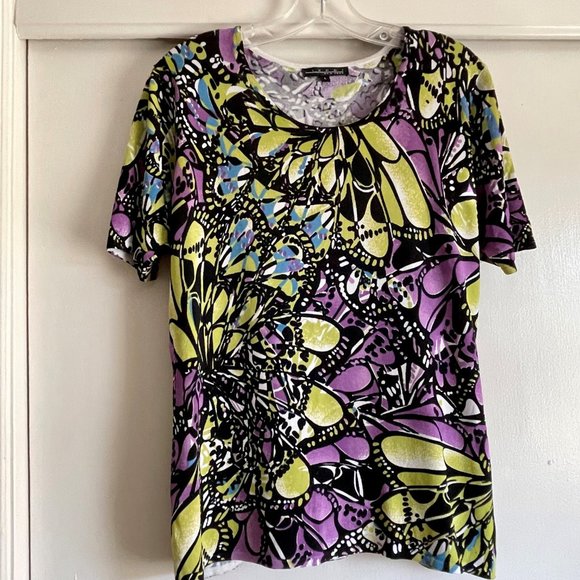 Pierre New York Short Sleeve Scoop Stretch Knit Top Abstract Fall Multicolor L - Picture 6 of 8